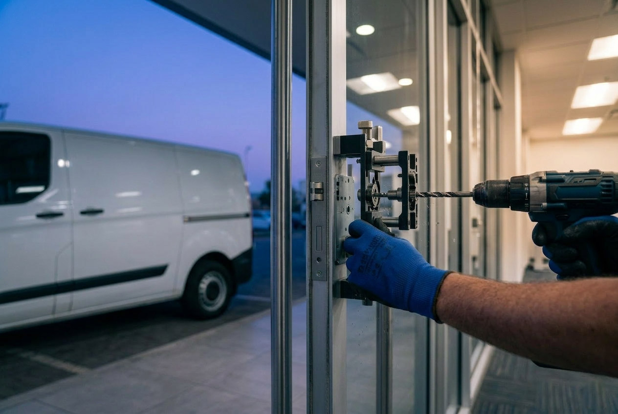 Cosmo Locksmith technician installing a commercial security system